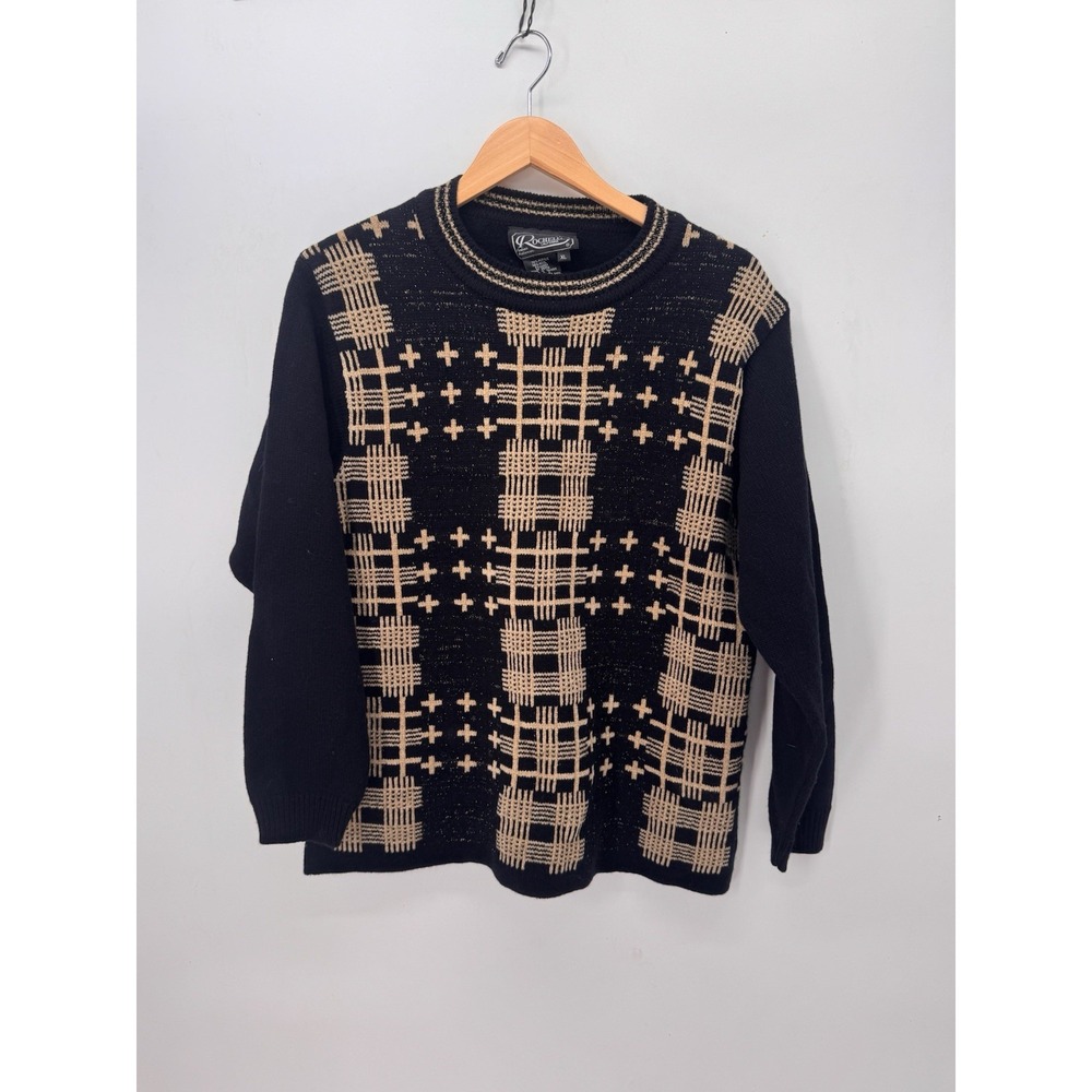 Vintage Rochelle California Sweater Womens XL Black Tan Plaid Wool Blend 80s